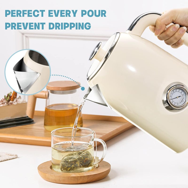 susteas Electric Kettle - 57oz Hot Tea Kettle Water Boiler with Thermometer, 1500W Fast Heating Stainless Steel Tea Pot, Cordless with LED Indicator, Auto Shut-Off & Boil Dry Protection, Beige - Image 3